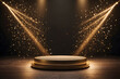 Luxury Podium Background .Empty circular stage bathed in golden spotlight beams with sparkling particles, ideal for product display.