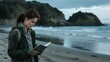 Woman Reading Book on Secluded Beach, Woman, reading book, secluded beach, realism, portrait