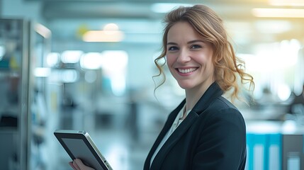 Poster - Cheerful Businesswoman with Tablet in Blurred Tech Environment, Cheerful, businesswoman, tablet, blurred tech