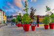 Trees in big red pots in Parc Louise de Bettignies park on paving stone square, Vieux Lille old town quarter with empty street, old buildings in historical city centre, Hauts-de-France Region, France