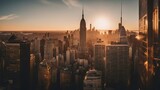 Fototapeta  - Generative AI. skyscrapers illuminated at dusk, New York skyline. IT building, IT hub, Business hub, media city, metropolitan town.  