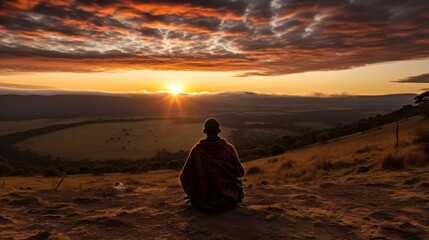 Poster - A man sits on the ground in a field, looking up at the sun as it sets