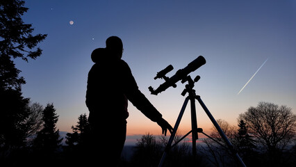 Wall Mural - amateur astronomer looking at the evening skies, observing planets, stars, moon and other celestial 