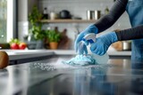 Fototapeta Londyn - Sanitizing kitchen table surface with disinfectant spray and gloves for covid-19 prevention