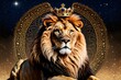 A majestic lion with a royal crown, set against a backdrop of intricate golden patterns and a starry night sky, symbol of royalty and strength. generative ai