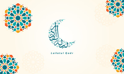 Wall Mural - Lailatul Qadr Islamic greeting card with Arabic calligraphy and geometric vector illustration - Translation of text: better than a thousand months of worshipping