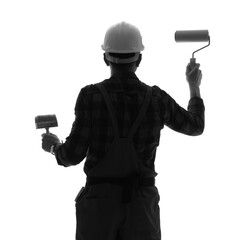 Poster - Silhouette of mature decorator with paint roller and brush on white background, back view