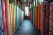 A fabric store with rolls of silk, satin, and lace in every color