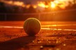 Closeup of tennis ball on empty court. Sunset, sun rays. Concept of a sporty lifestyle. Generative AI. AI generated .