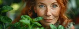 Fototapeta  - middle-aged women with plant. gardening , seasonal, hobby style.  eco friendly, summer activities, environmental style. banner