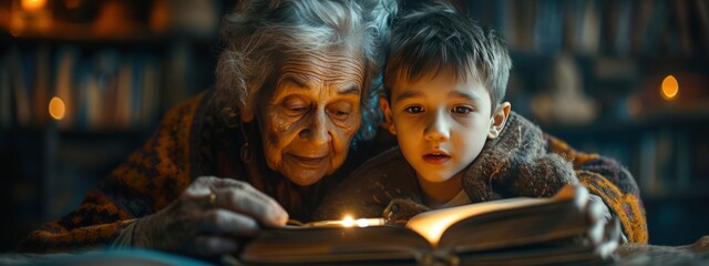 grandmother and her grandson read  book. Spending time together concept. taking care of each other. banner