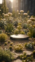 Sticker - Close-up of a Hexagonal Stone Platform in a Lush Garden