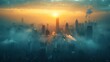 Impactful double exposure visualization of cityscapes overlaid with haze and smog, illustrating the detrimental effects of pollution on our environment and climate.