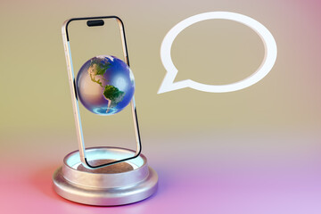 Wall Mural - a cell phone is on a stand with a globe on top of it. 3d render
