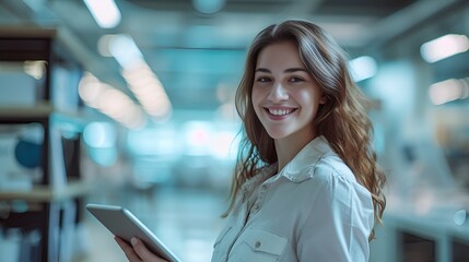 Poster - Cheerful Businesswoman with Tablet in Blurred Tech Environment, Cheerful, businesswoman, tablet, blurred tech