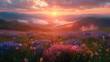 A breathtaking sunrise over the misty mountains, with vibrant wildflowers blooming abundantly and casting soft hues across the landscape. Created with Ai