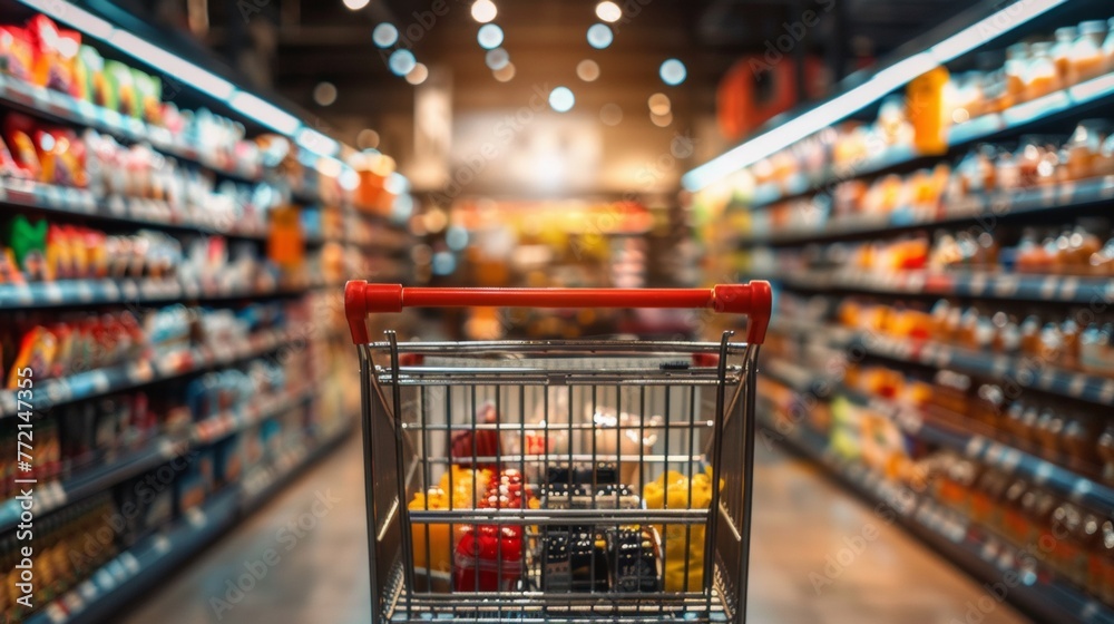 A shopping cart is in a grocery store aisle with many different items ...