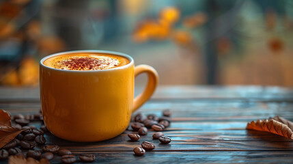 Wall Mural - Coffee beans and cup of coffee on wooden table with autumn leaves, leaf, drink, caffeine, wood