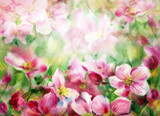 Fototapeta Las - Blossoming spring  tree,  floral background. Watercolor illustration.