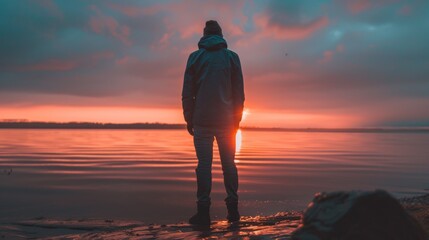 a person standing in the water at sunset, ai