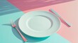 A white plate with fork and knife on a pink, blue and green table, AI