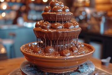 Chocolate Fondue Fountain A chocolate fondue fountain at a dessert shop, enticing customers with melted chocolate for dipping