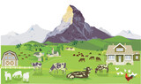 Fototapeta Miasto - Bauernhof Tiere auf der Weide mit Bauernhaus in den Bergen, Panorama, Illustration