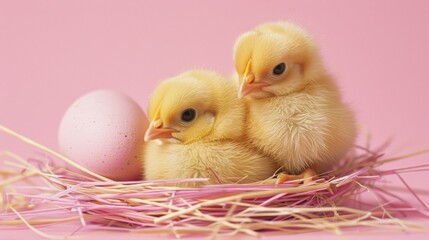 Sticker - Two baby chicks in a nest with an egg on pink background, AI