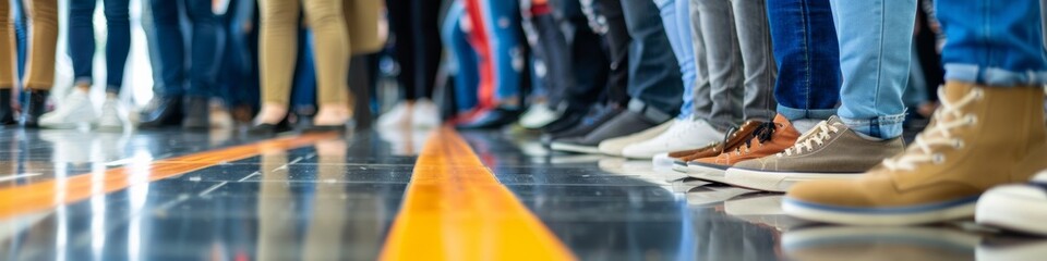 Sticker - A group of people standing in a line with their shoes on, AI