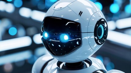 A close up of a robot with glowing eyes and blue lights, AI