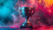 A trophy is sitting on a colorful background with smoke, AI