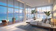 A luxurious bedroom with a panoramic oceanfront view, featuring floor-to-ceiling windows that capture the breathtaking sunrise.