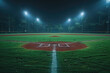 Cinematic still of a baseball field at night, with the lights on and green grass with white lines in the center. Created with Ai