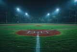 Fototapeta Fototapety sport - Cinematic still of a baseball field at night, with the lights on and green grass with white lines in the center. Created with Ai
