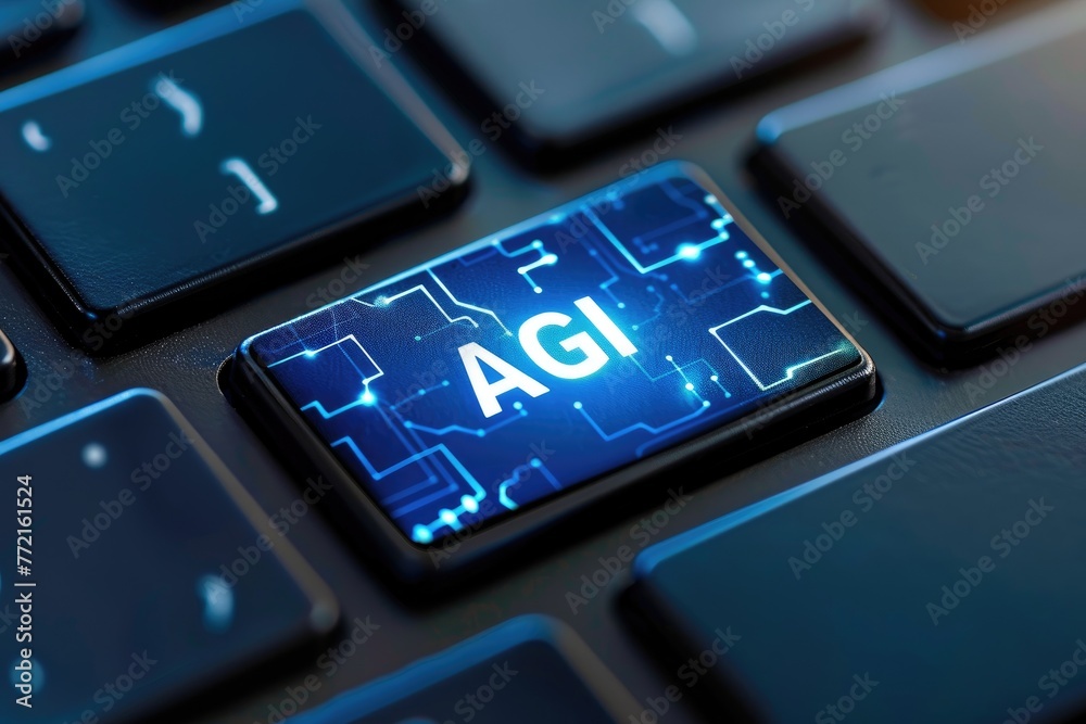 Glowing AGI key on keyboard. Artificial General Intelligence coming in ...