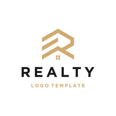 Wall Mural - Golden Initial Letter R Realty with Simple Geometric Shape Line Art Logo Design