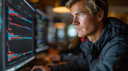 handsome male programmer working on code on his screen