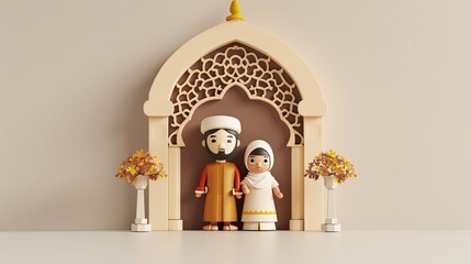 3D Muslim family decor with Ramadan decor