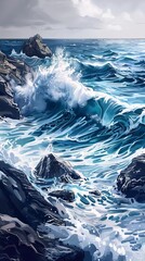 Wall Mural - Wave Crashing on Rocks A Surreal Ocean Scene Generative AI