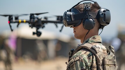 A man in military uniform with headphones and goggles looking at a drone, AI