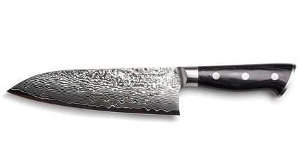 A knife with a wooden handle and a silver Damascus blade isolated over a white background