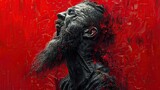Fototapeta  - An impressive portrait of a Viking in a rage that destroys him from the inside. A male warrior with a brutal beard on a red aggressive background with intricate details.