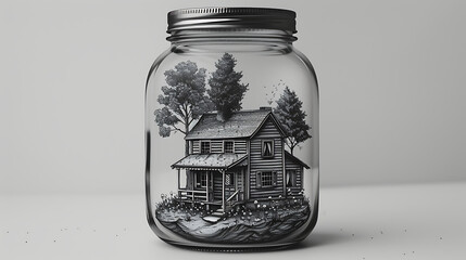 Wall Mural - A black and white drawing of a house in a jar. Generative Ai