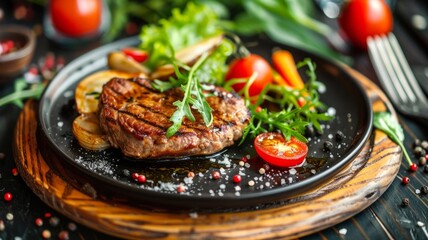 Wall Mural - Delectable Grilled Steak Dish with Fresh Vegetables and Aromatic Herbs on a Wooden Plate