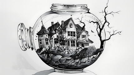 Wall Mural - A black and white drawing of a house in a jar. Generative Ai