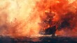 Captivating Pirate Ship Engulfed in Fiery Watercolor Storm,Cinematic Maritime Adventure