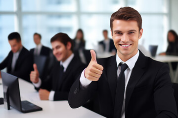 Wall Mural - Business team with thumbs. Businessman in a black suit is sitting at a desk in an office environment. He is smiling and making thumbs up hand gesture with his fingers. Generative AI