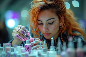 Manicure with Nail Art A manicurist creating intricate nail art designs during a salon session