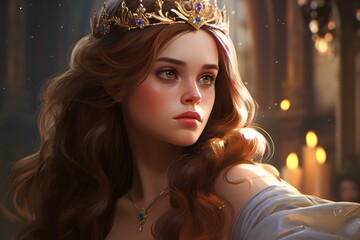 Wall Mural - Serene Princess head closeup. Royal story. Fictional person. Generate Ai