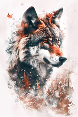 Wall Mural - Lone Gothic Wolf in Snowy Autumnal Landscape with Warm Cinematic Color Palette and Details